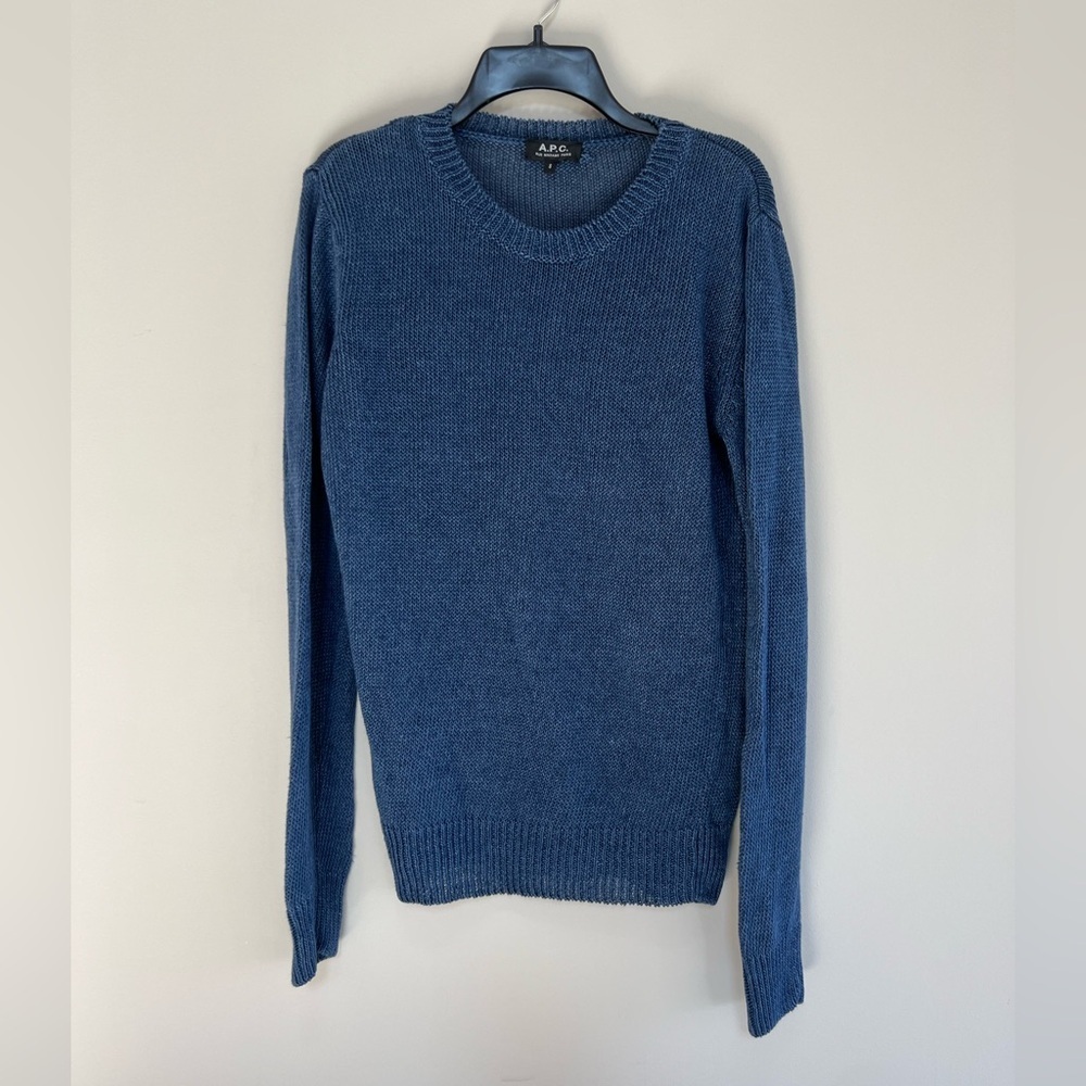 A.P.C. Men’s 100% Linen Navy Blue Crewneck Sweater, size Small